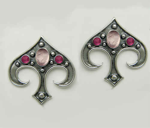 Sterling Silver Gothic Inspired Drop Dangle Earrings With Rose Quartz And Pink Tourmaline